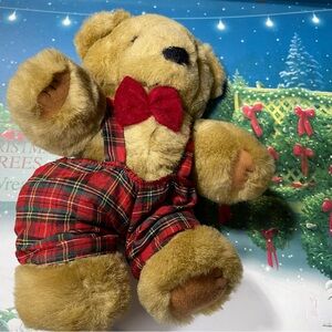 Manley Toys plush brown 8" bear with Christmas plaid outfit nice condition